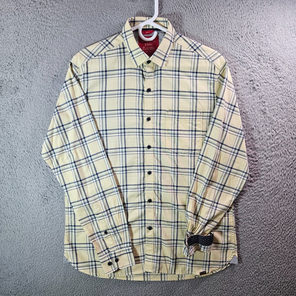 John Players Shirt Men 40 cm Flip Cuff Trim Fit‎ Button Long Sleeve Yellow Plaid